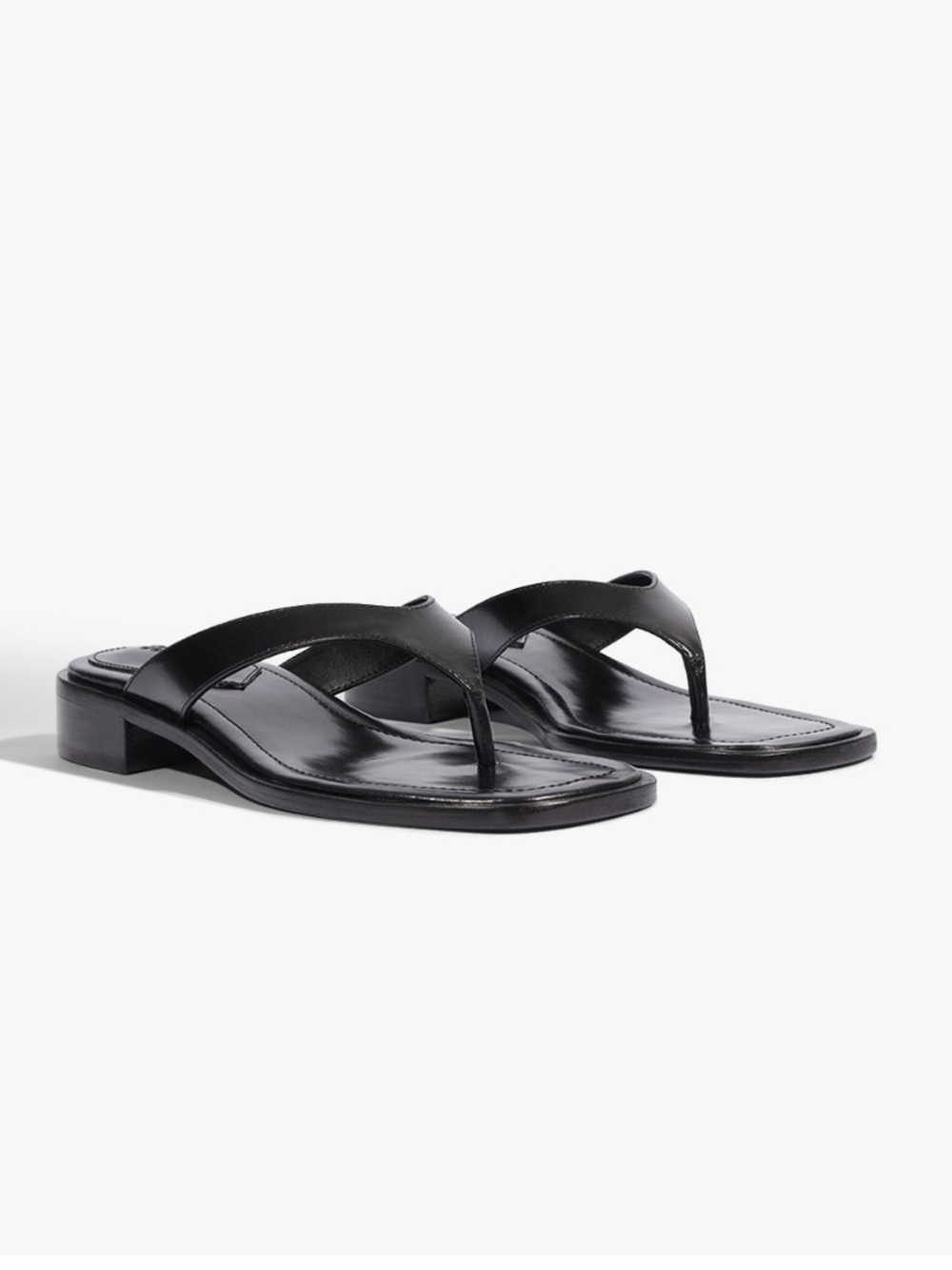 SCHUTZ Black Leather Toe-Post Mid Heel Sandal